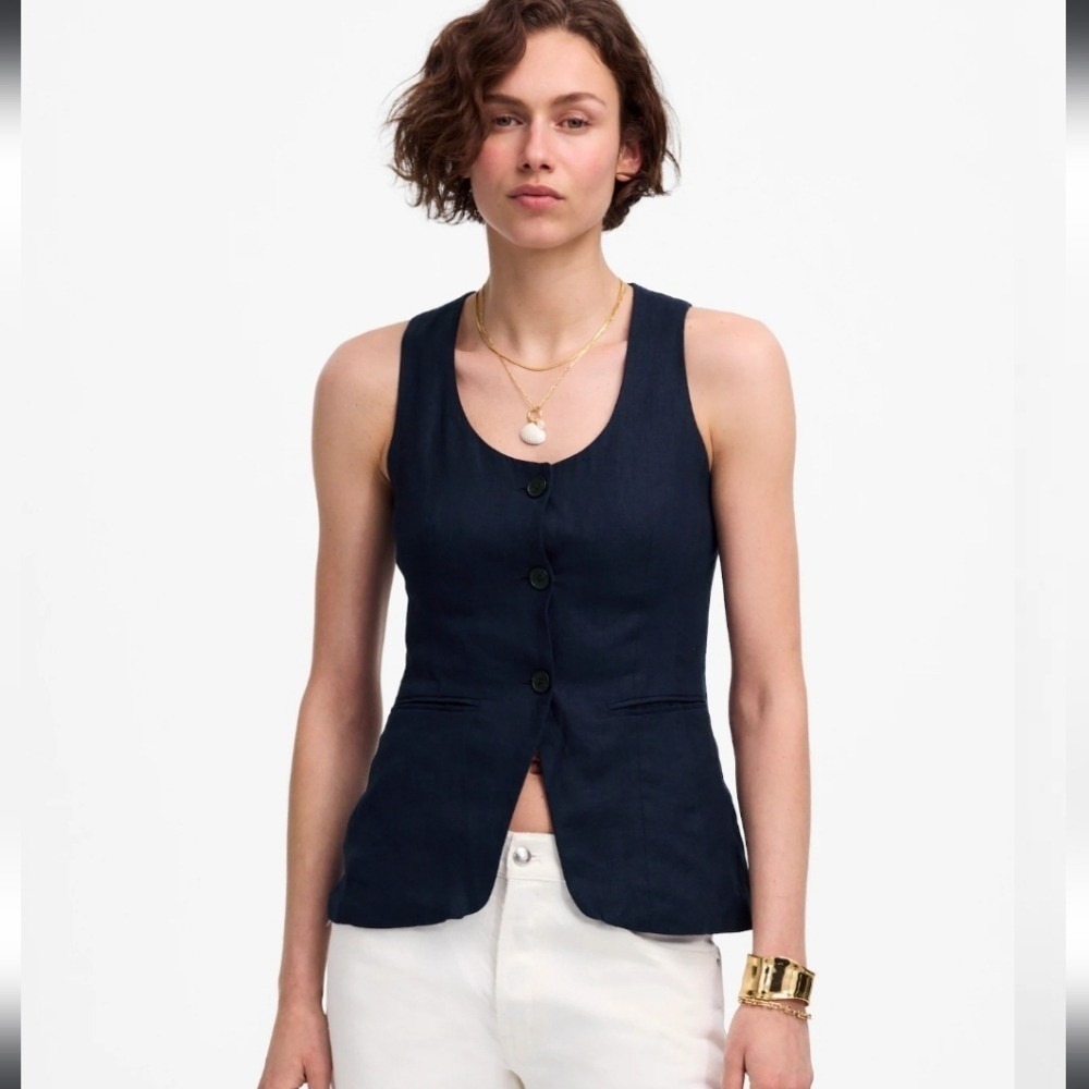 Madewell Juniper Berry Blue Linen Scoopneck Cutaway Button Front Vest Size 0 NWT
